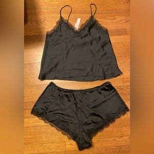 Brand New Victoria Secret Black lace silk cami and shorts.